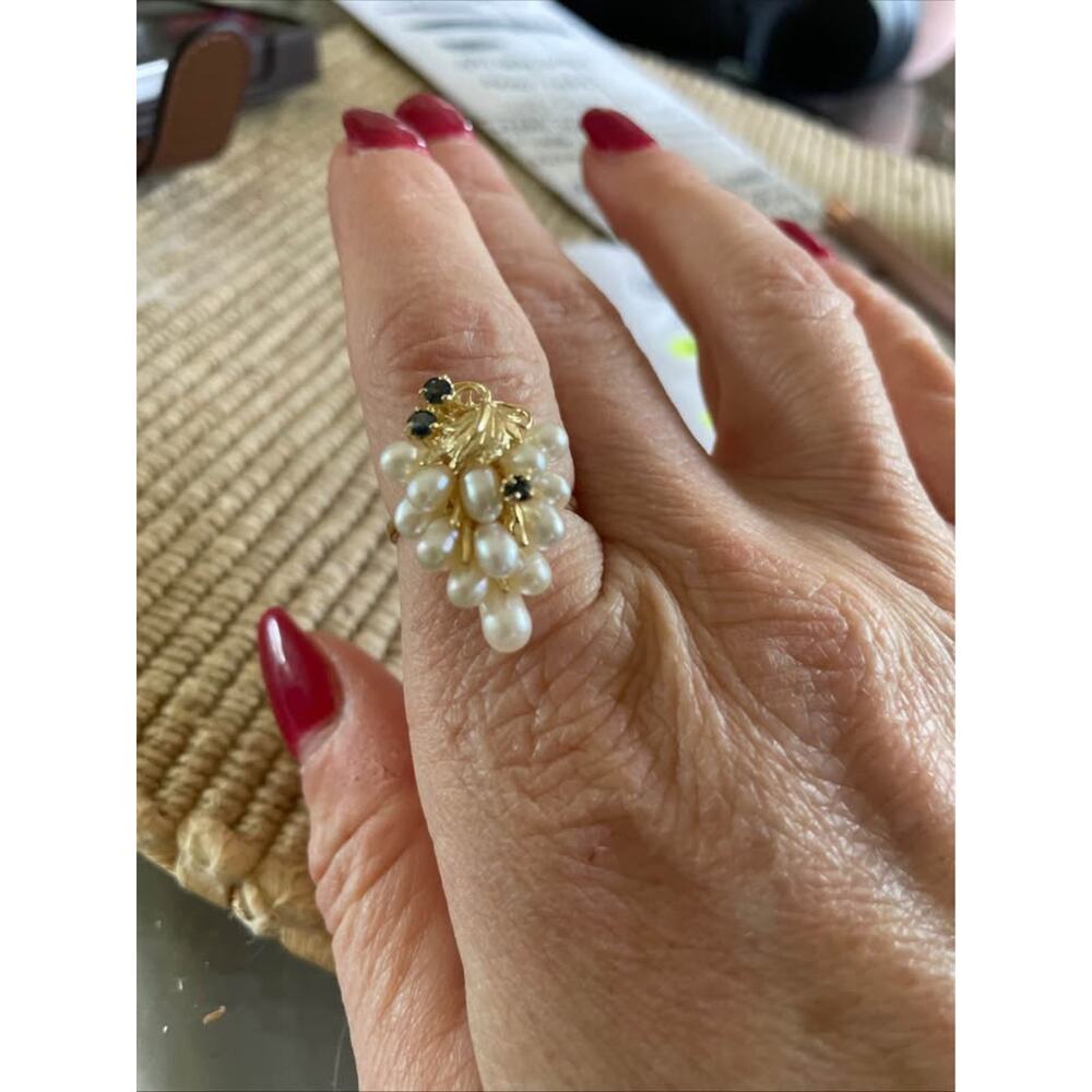 14K Gold pearl grape cluster ring with natural sapphires - Picture 3 of 4